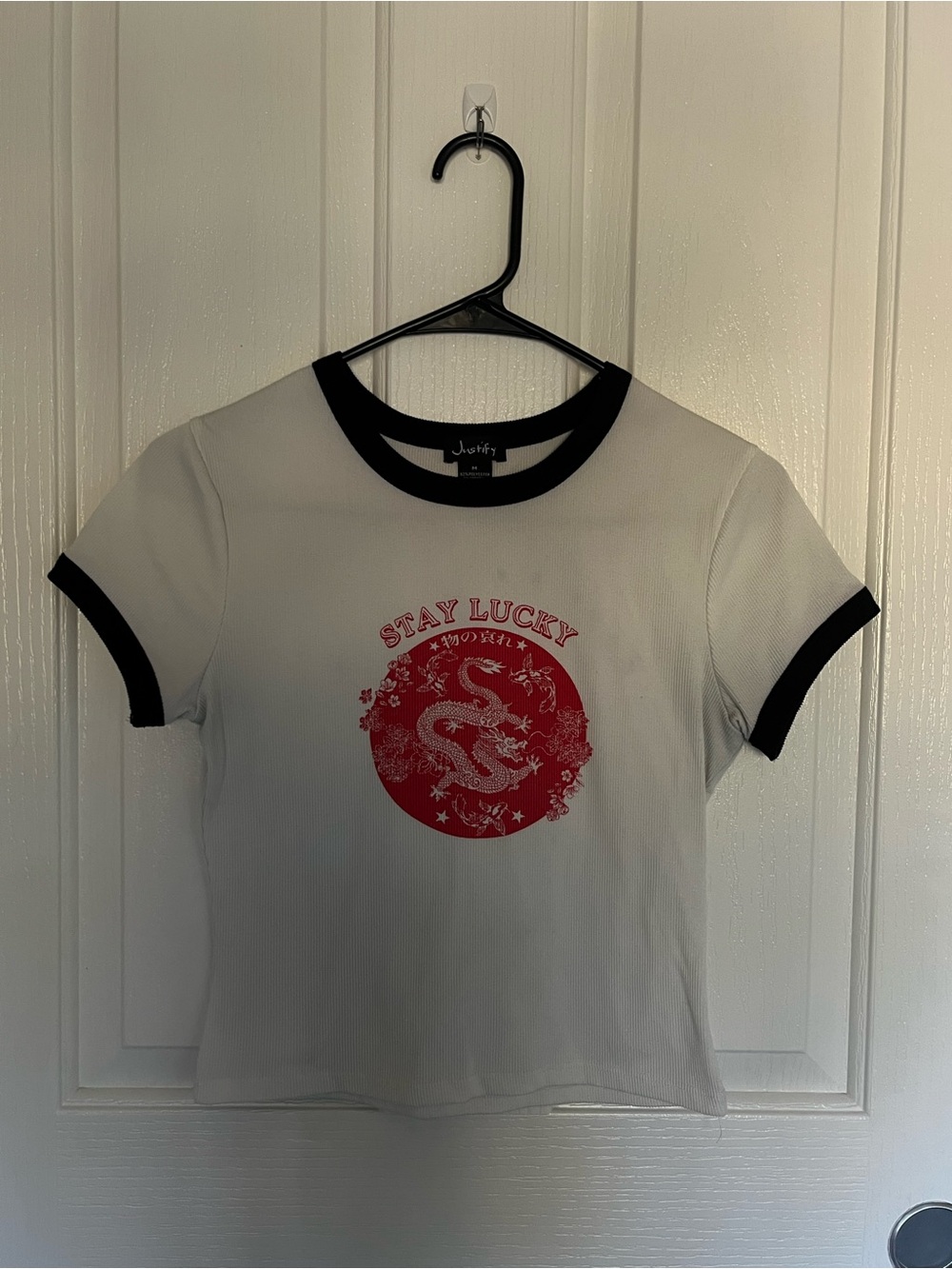 Justify White Ringer Tee with Black Trim and Red Dragon Graphic
